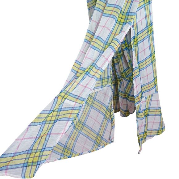 Torrid Plus Sz 1 Tie-Waist Plaid Duster Kimono Yellow Blue Pink Midi Cover-Up - Picture 8 of 13